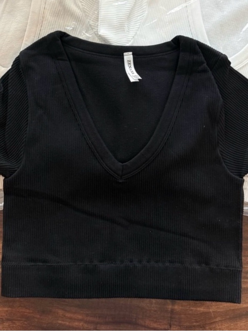 Zenana Black Ribbed V-Neck Crop Top